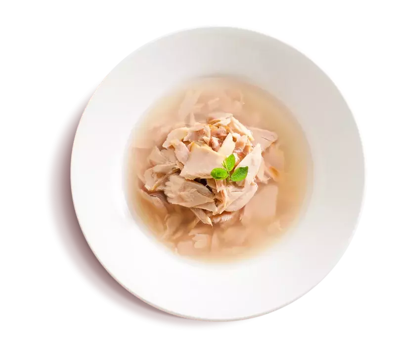 Flaked Yellowfin mix Skipjack Tuna Entrées in Gravy plate