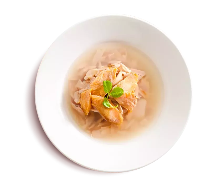 Flaked Yellowfin mix Skipjack Tuna with Wild Salmon Entrées in Gravy plate